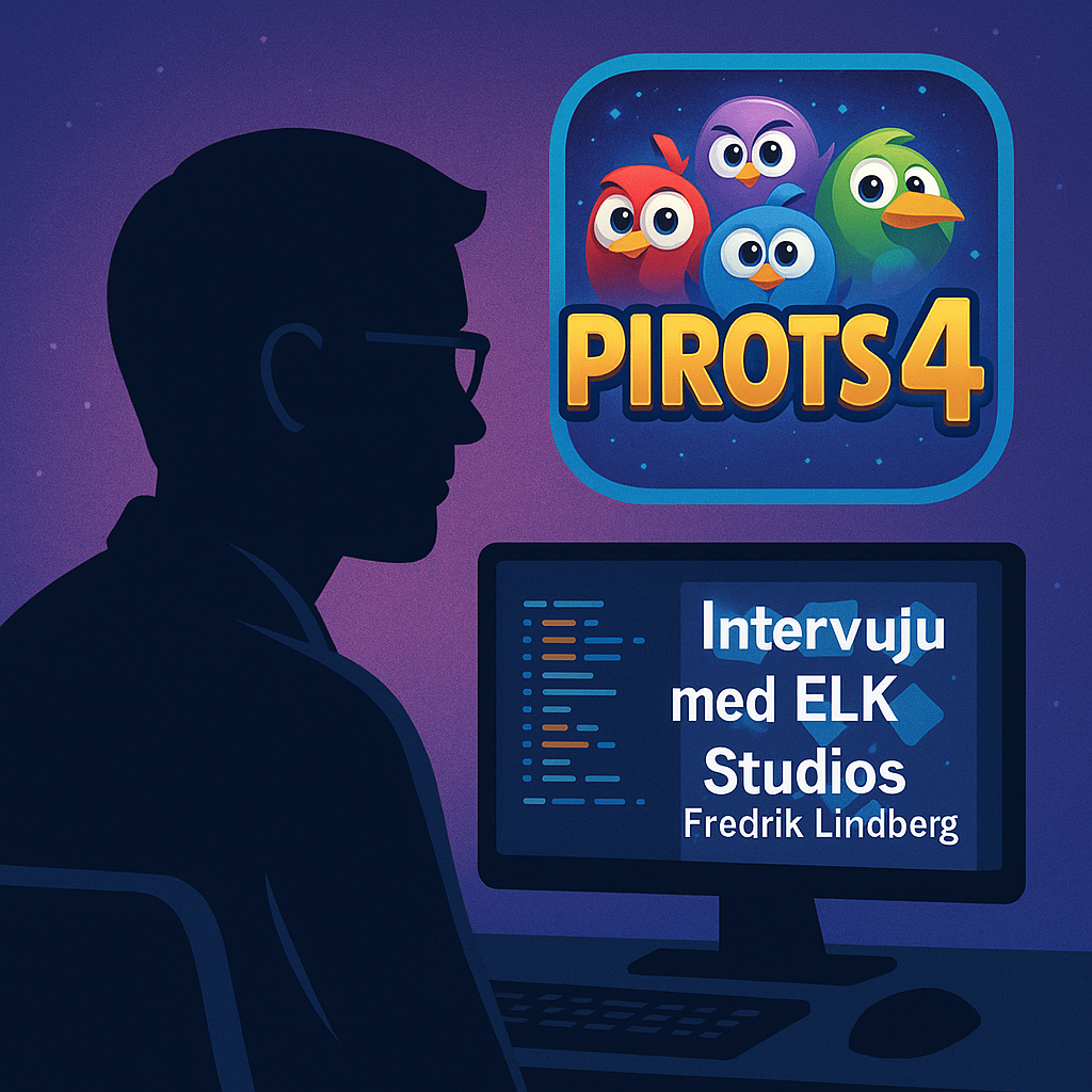Silhuett av spelutvecklare framför datorskärm med kod, med Pirots 4-logotyp i bakgrunden och texten “Intervju med ELK Studios Fredrik Lindberg”.