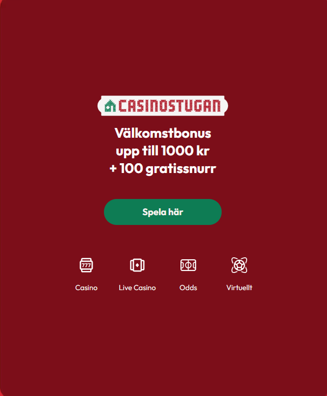 skärmdump på casinostugans startsida som visar bonuserbjudandet 100% upp till 1000 kr plus 100 free spins utan omsättningskrav