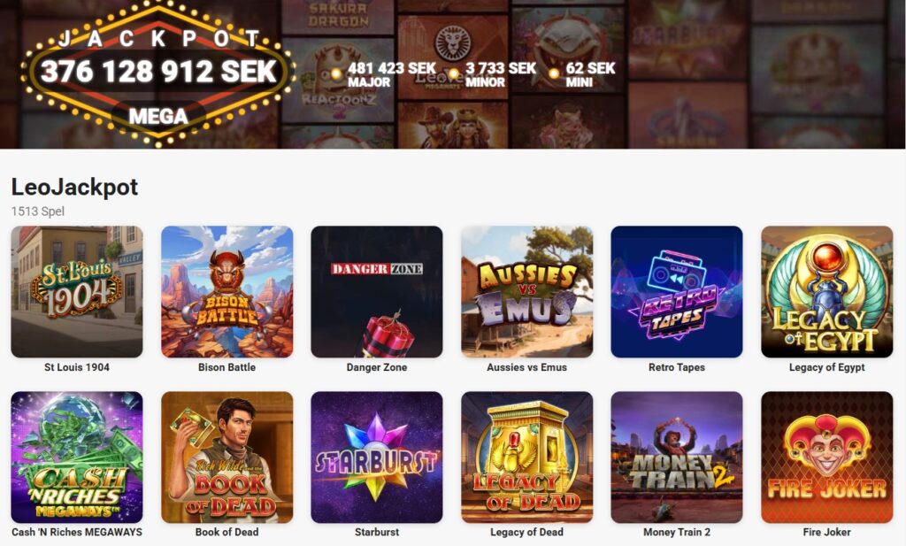 leovegas jackpot leojackpot uppe i 376 miljoner - spellobby med 1513 speltitlar