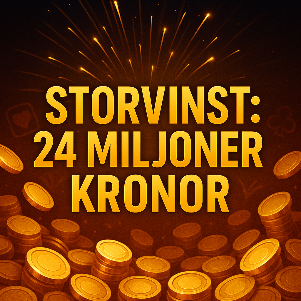 Textbild med "Storvinst: 24 miljoner kronor" och guldmynt i bakgrunden