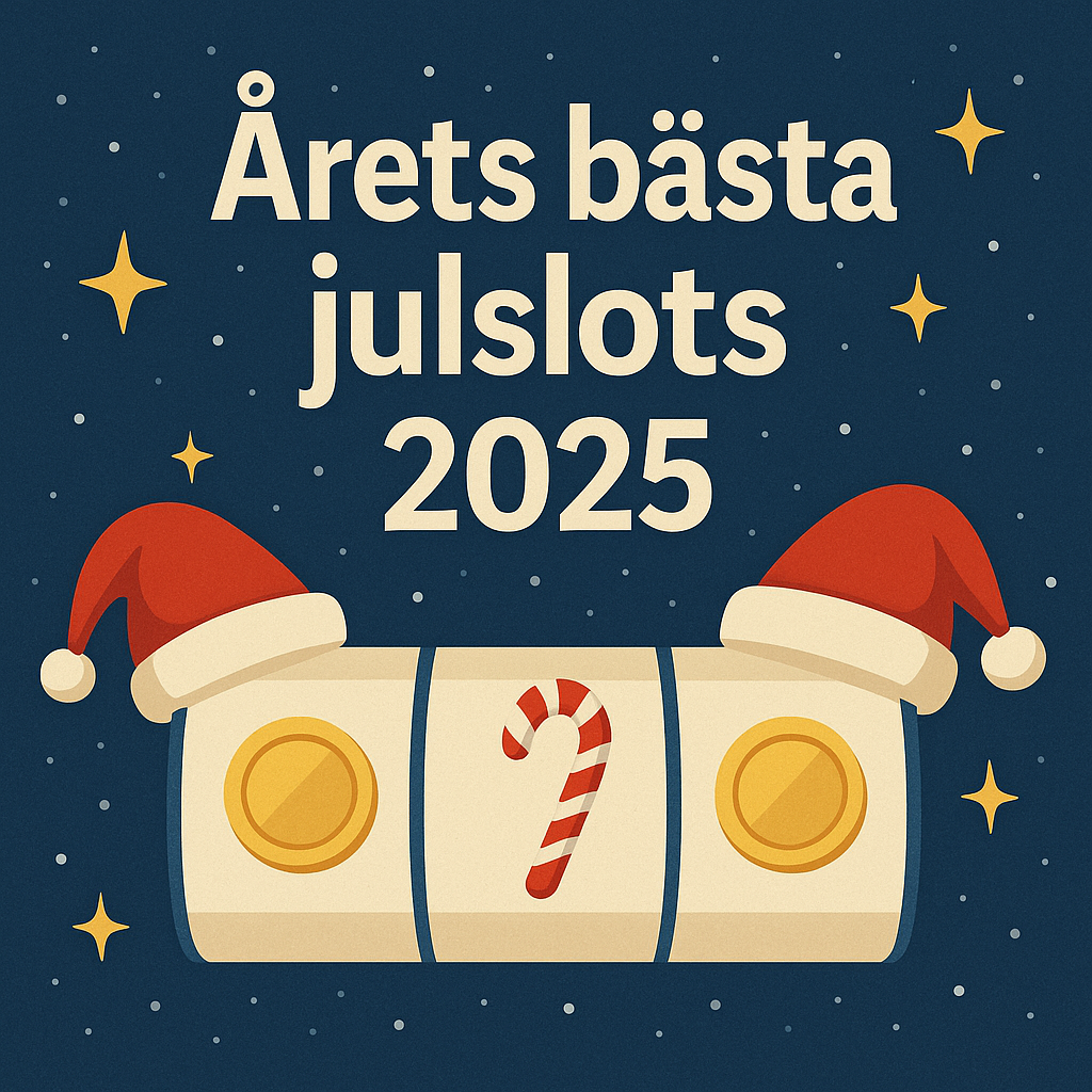 Illustration med texten ”Årets bästa julslots 2025” med tomteluvor, slotmaskin och juldekorationer.