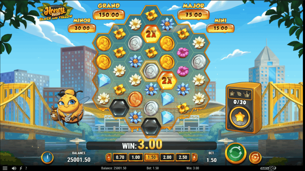 Honey Rush Black and Yellow slot med klusterspel, cashsymboler och vandrande wilds